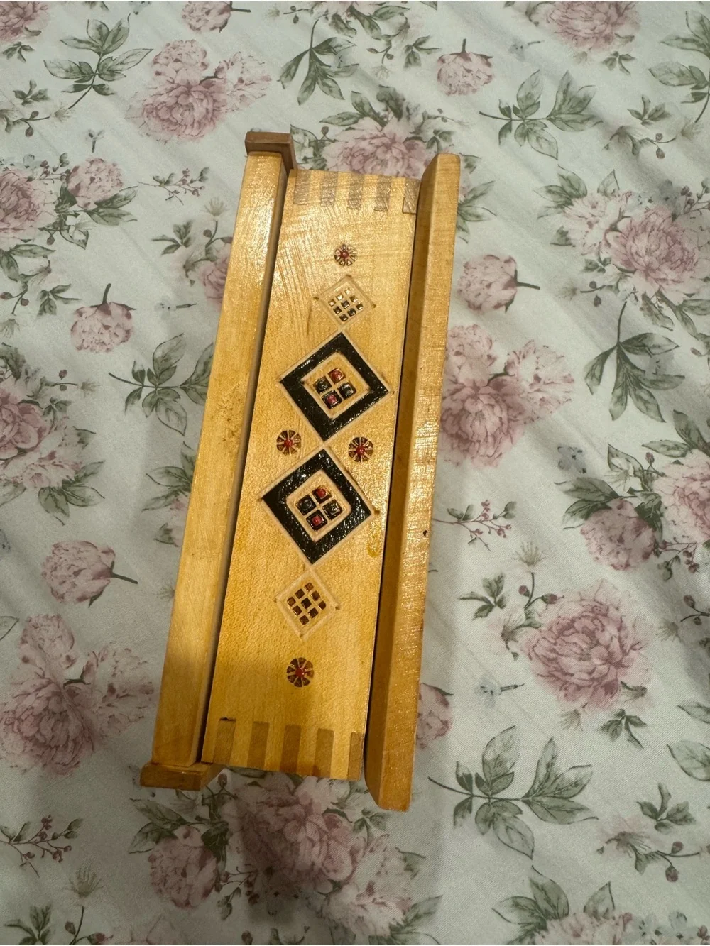 Hand-Painted Wooden Keepsake Box with Geometric Inlay